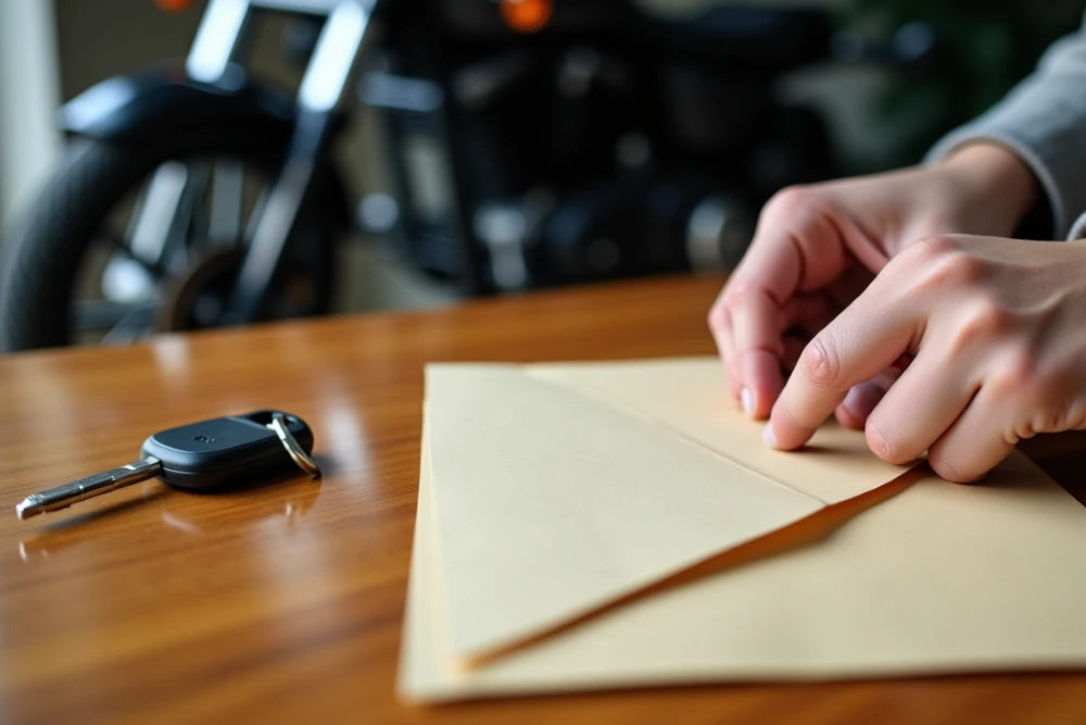 mains d'une personne préparant sa lettre recommandée pour changer d'assurance moto